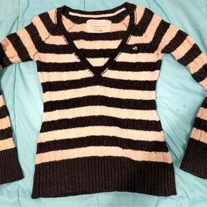 if it were me Black and Cream Striped V-Neck Sweater